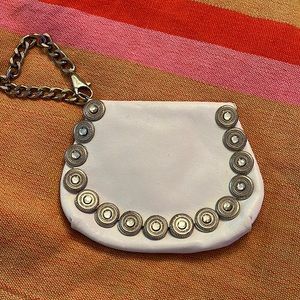 Vintage Braccialini White Leather Wristlet with Silver rhinestone details  5”x6”